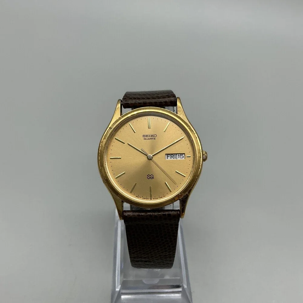 Vintage Seiko Mens Watch 34mm Gold Tone Leather Day Date 5Y23-7079 New Battery
